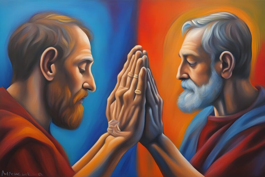 Prayers for Financial Decisions men Prayer acrylic painting, award winning art, trending, by Michelangelo, colorful
